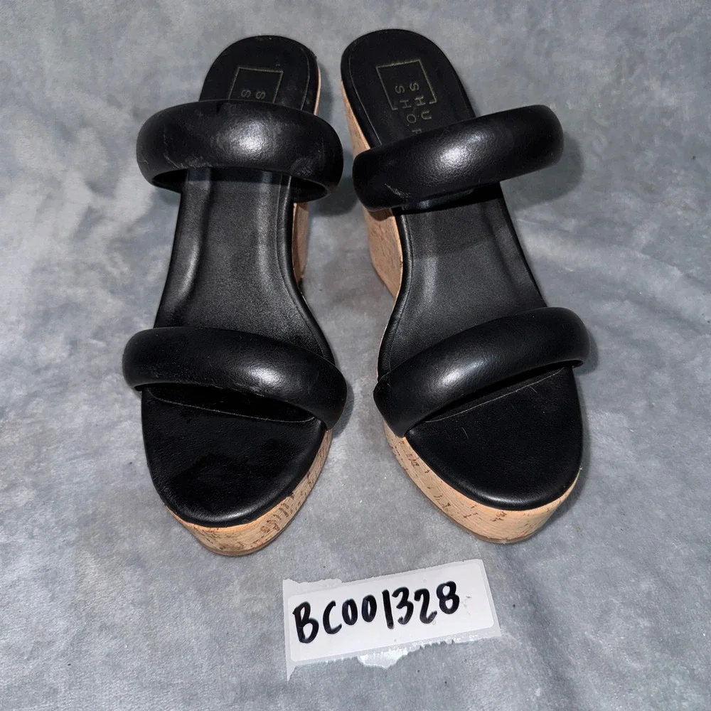 Shu Shop Womens Padded Strap Platform Wedge 7 Black Cork High Heel Sandal